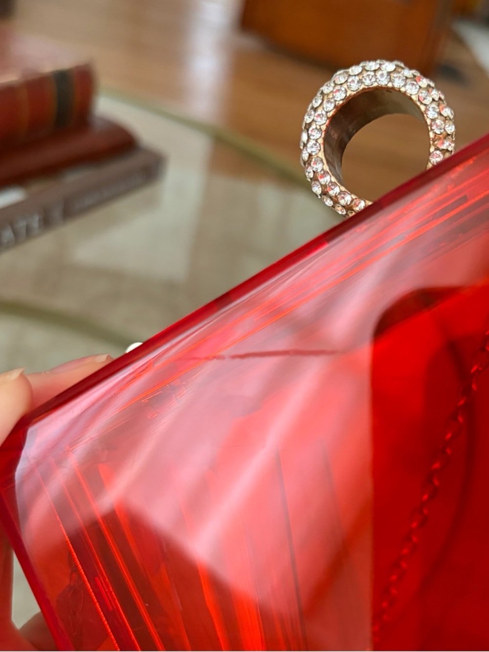Red Acrylic Box Clutch Rhinestone Ring Clasp Gold Chain Evening Bag - Picture 12 of 14